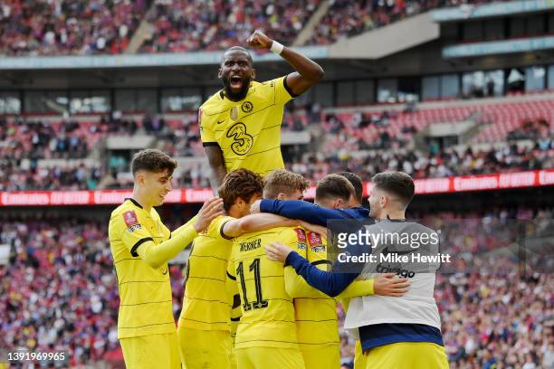 Mason Mount of Chelsea celebrates with teammates after scoring their team's second goal during The FA Cup Semi-Final match between Chelsea and...