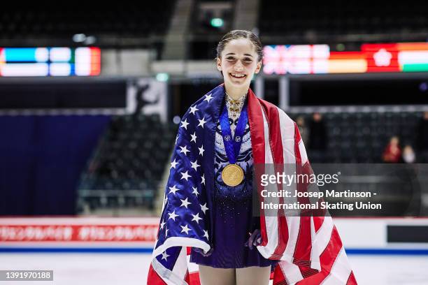 Isabeau Levito of the United States poses in the Junior Ladies medal ceremony during day 4 of the ISU World Junior Figure Skating Championships at...