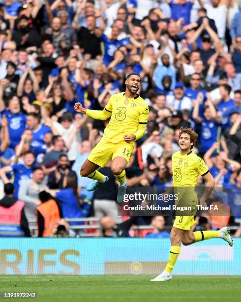 Ruben Loftus-Cheek celebrates with teammate Marcos Alonso of Chelsea after scoring their team's first goal during The FA Cup Semi-Final match between...