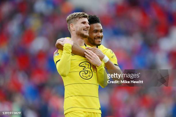 Reece James and Timo Werner of Chelsea celebrates after their sides victory during The FA Cup Semi-Final match between Chelsea and Crystal Palace at...
