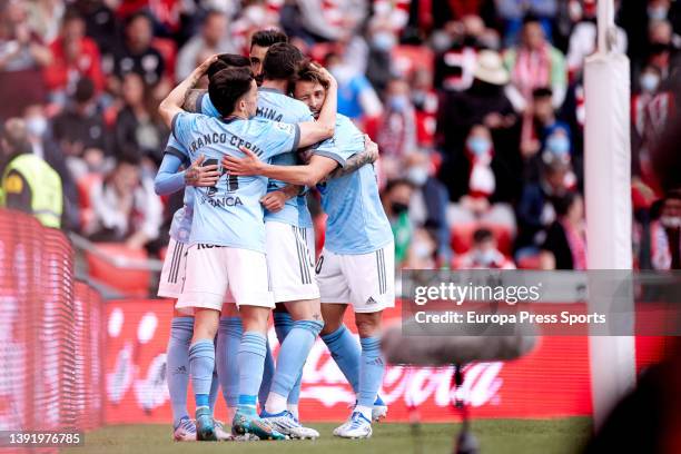 Iago Aspas of RC Celta de Vigo celebrates a goal with teammates during the Spanish league match of La Liga between, Athletic Club and Celta de Vigo...