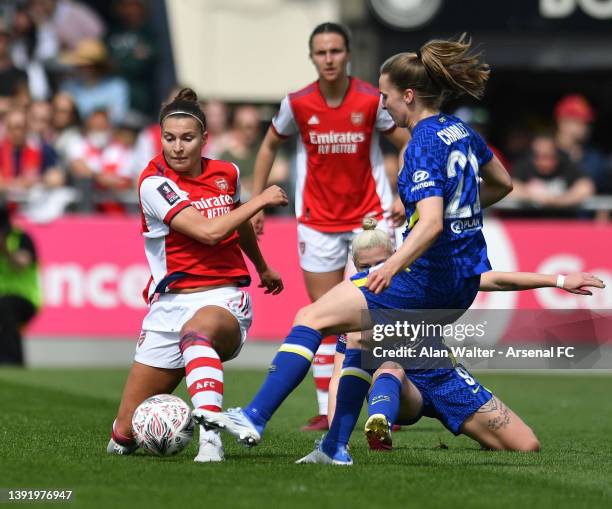 Steph Catley of Arsenal is challenged by Niamh Charles of Chelsea during the Vitality Women's FA Cup Semi Final match between Arsenal Women and...