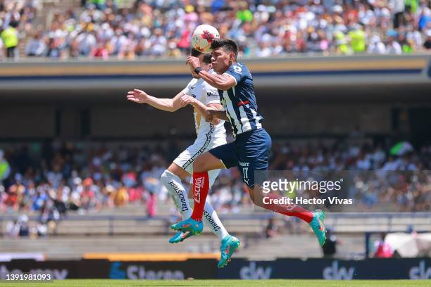 Alan Mozo of Pumas UNAM fights for the ball with Jesus Gallardo of Monterrey during the 14th round match between Pumas UNAM and Monterrey as part of...