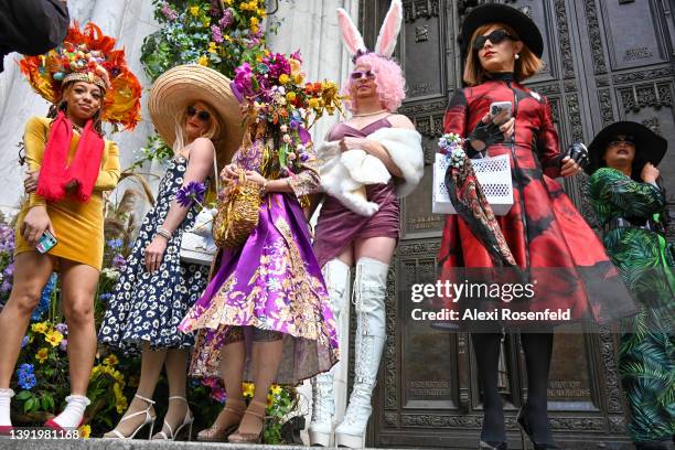 People wearing costumes participate in the annual Easter Parade and Bonnet Festival along Fifth Avenue on Easter Sunday on April 17, 2022 in New York...