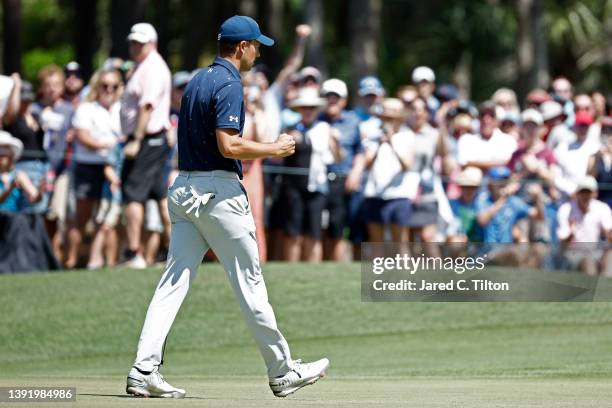 Jordan Spieth reacts after making birdie on the eighth green during the final round of the RBC Heritage at Harbor Town Golf Links on April 17, 2022...