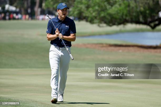 Jordan Spieth reacts after missing a putt on the 10th green during the final round of the RBC Heritage at Harbor Town Golf Links on April 17, 2022 in...