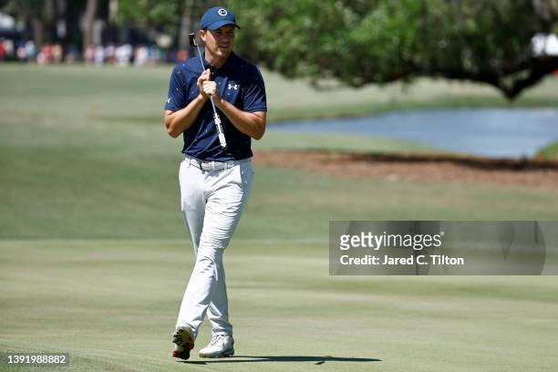 Jordan Spieth reacts after missing a putt on the 10th green during the final round of the RBC Heritage at Harbor Town Golf Links on April 17, 2022 in...