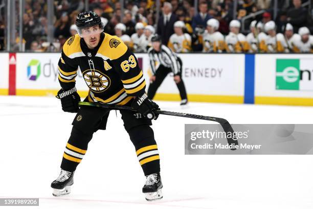 Brad Marchand of the Boston Bruins looks on against the Pittsburgh Penguins during the first period at TD Garden on April 16, 2022 in Boston,...