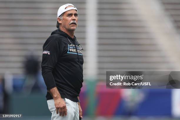 Head coach Jeff Fisher of Michigan Panthers looks on from the sideline in the second half of the game against the Houston Gamblers at Protective...