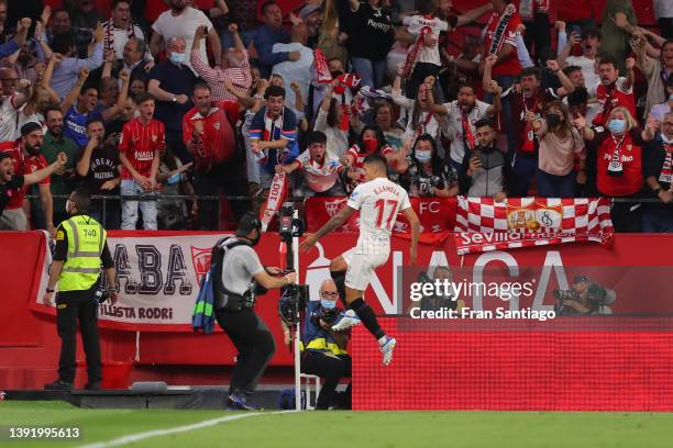 Erik Lamela of Sevilla FC celebrates after he scores his teams 2nd goal during the LaLiga Santander match between Sevilla FC and Real Madrid CF at...