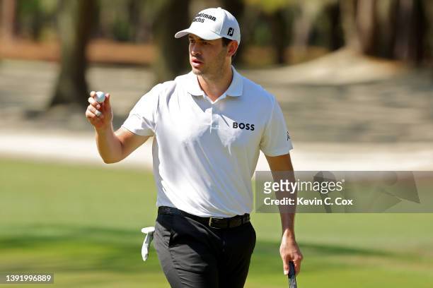 Patrick Cantlay reacts after making birdie on the 11th green during the final round of the RBC Heritage at Harbor Town Golf Links on April 17, 2022...