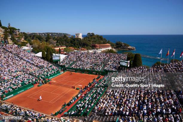 Alejandro Davidovich of Spain serves against Stefanos Tsitsipas of Greece in the final during day eight of the Rolex Monte-Carlo Masters at...
