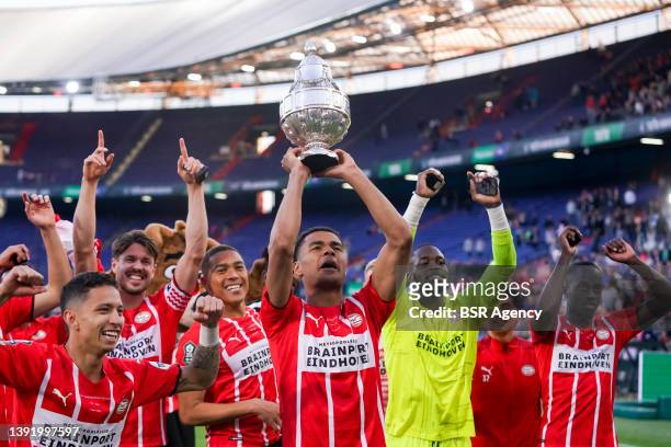 Cody Gakpo of PSV celebrates winning the KNVB Cup during the TOTO KNVB Cup Final match between PSV and Ajax at Stadion Feijenoord on April 17, 2022...