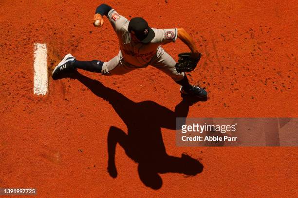 Jose Urquidy of the Houston Astros warms up before the game against the Seattle Mariners at T-Mobile Park on April 17, 2022 in Seattle, Washington.