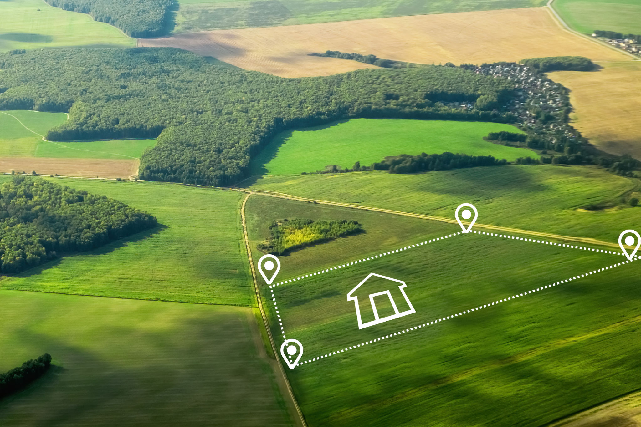 Land or landscape of green field with aerial view icon of residential agriculture farm. Land or landscape of green field with aerial view icon of residential agriculture farm.