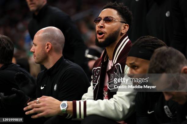 Ben Simmons of the Brooklyn Nets sits on the bench during the first quarter of Round 1 Game 1 of the 2022 NBA Eastern Conference Playoffs against the...