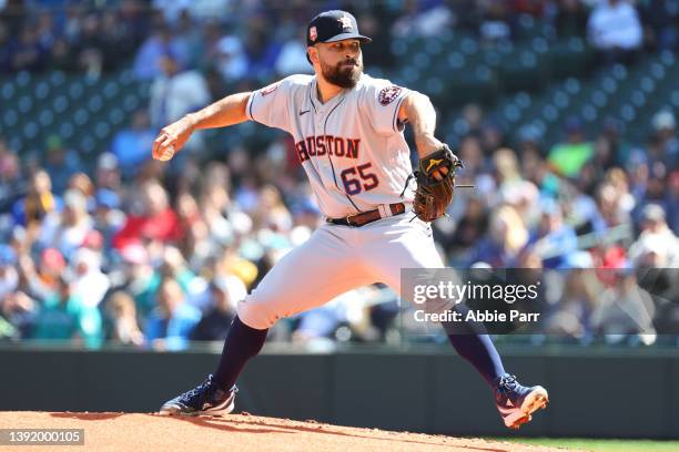 Jose Urquidy of the Houston Astros pitches against the Seattle Mariners during the first inning at T-Mobile Park on April 17, 2022 in Seattle,...