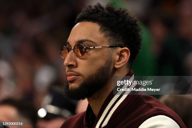 Ben Simmons of the Brooklyn Nets looks on from the bench during the first quarter of Round 1 Game 1 of the 2022 NBA Eastern Conference Playoffs at TD...