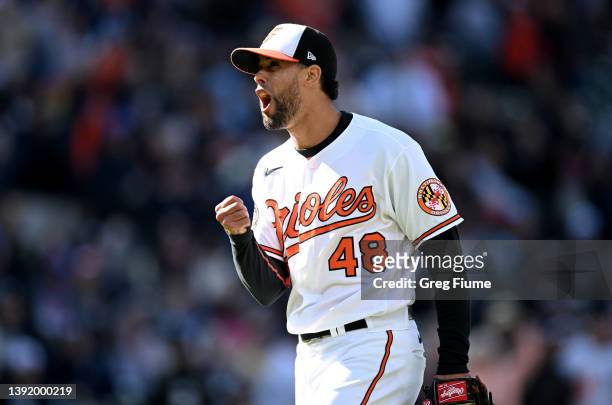Jorge Lopez of the Baltimore Orioles celebrates after a 5-0 victory against the New York Yankees at Oriole Park at Camden Yards on April 17, 2022 in...