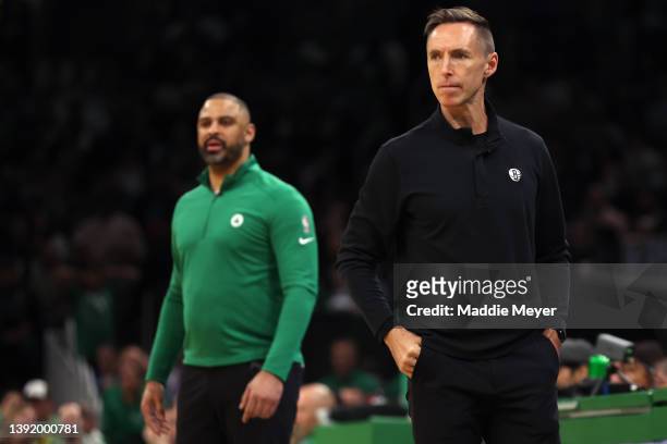 Brooklyn Nets head coach Steve Nash looks on during the first quarter of Round 1 Game 1 of the 2022 NBA Eastern Conference Playoffs at TD Garden on...