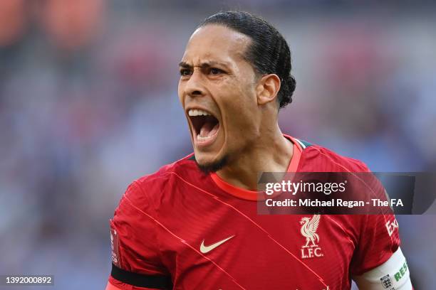 Virgil van Dyke of Liverpool during The Emirates FA Cup Semi-Final match between Manchester City and Liverpool at Wembley Stadium on April 16, 2022...