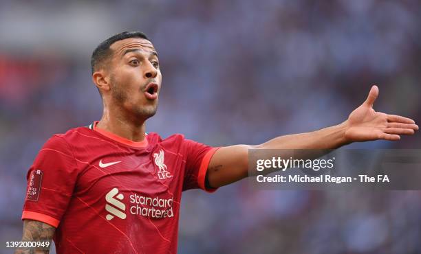 Thiago Alcantara of Liverpool looks on during The Emirates FA Cup Semi-Final match between Manchester City and Liverpool at Wembley Stadium on April...