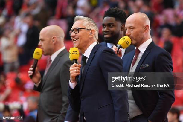 Sports Broadcaster, Gary Lineker and pundits Danny Murphy, Micah Richards and Alan Shearer react prior to The Emirates FA Cup Semi-Final match...