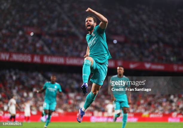 Nacho Fernandez of Real Madrid celebrates after scoring their team's second goal during the LaLiga Santander match between Sevilla FC and Real Madrid...