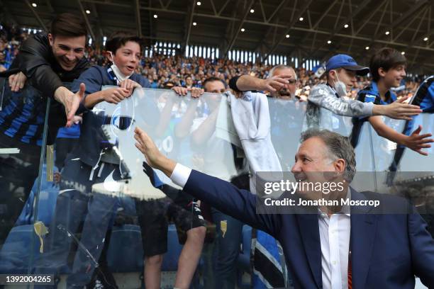 Stephen Pagliuca Major Shareholder of Atalanta BC salutes fans prior to the UEFA Europa League Quarter Final Leg Two match between Atalanta and RB...