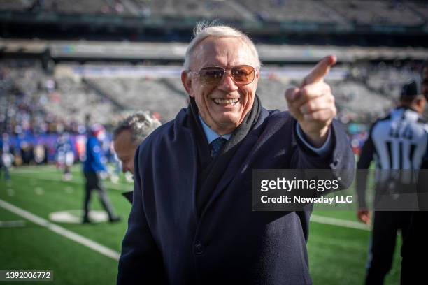 Dallas Cowboys owner Jerry Jones on the field reacting to fans before a game against the New York Giants at MetLife Stadium in East Rutherford, New...