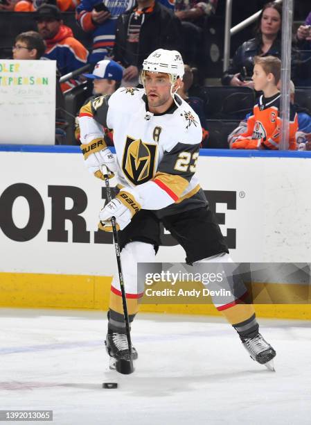 April 16: Alec Martinez of the Vegas Golden Knights participates in the warm-up before the game against the Edmonton Oilers on April 16, 2022 at...