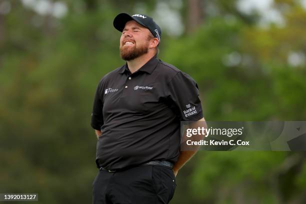 Shane Lowry of Ireland reacts after missing a putt on the 17th green during the final round of the RBC Heritage at Harbor Town Golf Links on April...