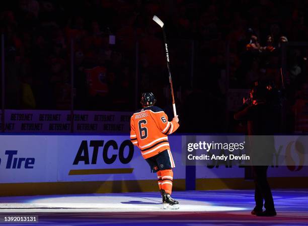 April 16: Kris Russell of the Edmonton Oilers salutes the crowd after being named the third star following the game against the Vegas Golden Knights...