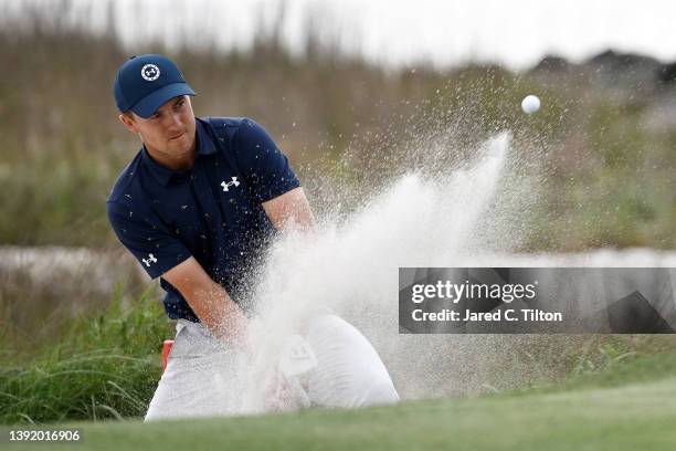 Jordan Spieth plays his shot from the bunker on the 18th green in a playoff during the final round of the RBC Heritage at Harbor Town Golf Links on...