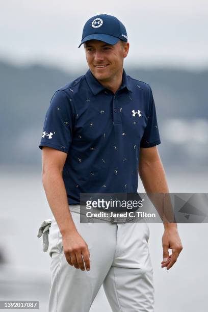 Jordan Spieth looks on from the 18th green in a playoff during the final round of the RBC Heritage at Harbor Town Golf Links on April 17, 2022 in...
