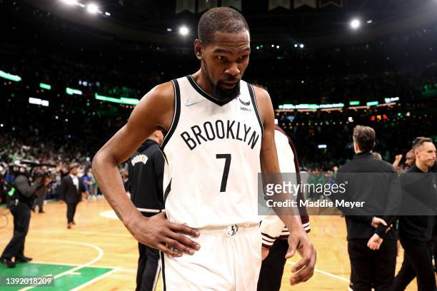 Kevin Durant of the Brooklyn Nets exits the court after the Boston Celtics defeat the Nets 115-114 in Round 1 Game 1 of the 2022 NBA Eastern...