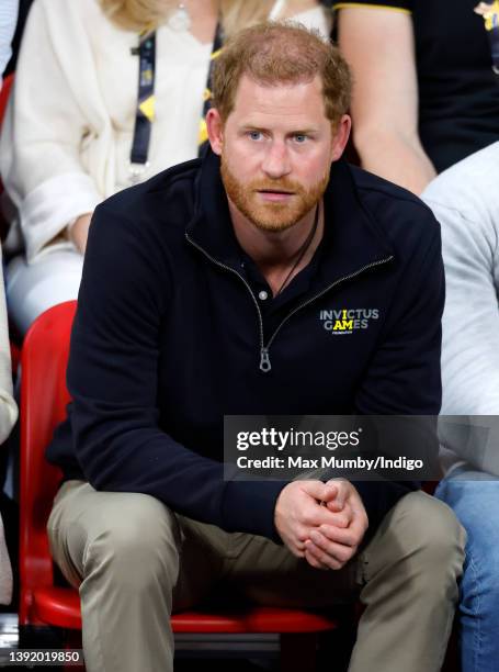 Prince Harry, Duke of Sussex watches the sitting volley ball competition on day 2 of the Invictus Games 2020 at Zuiderpark on April 17, 2022 in The...