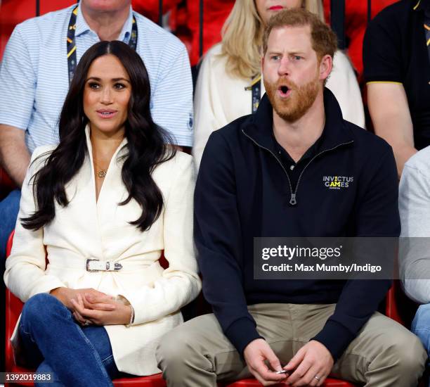 Meghan, Duchess of Sussex and Prince Harry, Duke of Sussex watch the sitting volley ball competition on day 2 of the Invictus Games 2020 at...