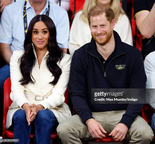 Meghan, Duchess of Sussex and Prince Harry, Duke of Sussex watch the sitting volley ball competition on day 2 of the Invictus Games 2020 at...