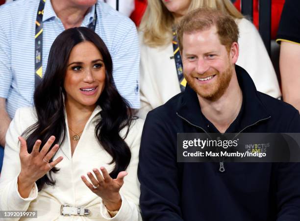 Meghan, Duchess of Sussex and Prince Harry, Duke of Sussex watch the sitting volley ball competition on day 2 of the Invictus Games 2020 at...