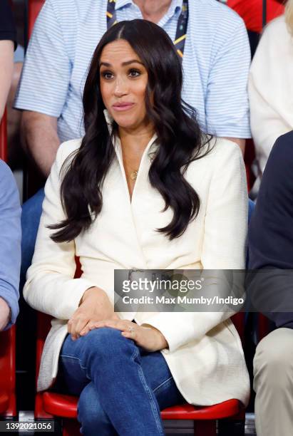 Meghan, Duchess of Sussex watches the sitting volley ball competition on day 2 of the Invictus Games 2020 at Zuiderpark on April 17, 2022 in The...