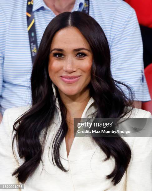 Meghan, Duchess of Sussex watches the sitting volley ball competition on day 2 of the Invictus Games 2020 at Zuiderpark on April 17, 2022 in The...