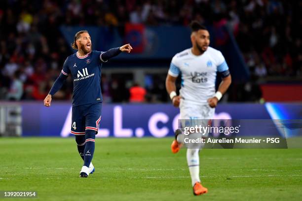 Sergio Ramos of Paris Saint-Germain reacts during the Ligue 1 Uber Eats match between Paris Saint-Germain and Olympique de Marseille at Parc des...