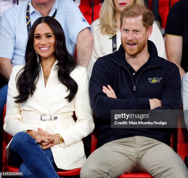 Meghan, Duchess of Sussex and Prince Harry, Duke of Sussex watch the sitting volley ball competition on day 2 of the Invictus Games 2020 at...