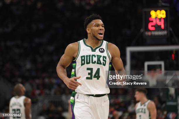 Giannis Antetokounmpo of the Milwaukee Bucks reacts to an officials call during the second quarter of Game One of the Eastern Conference First Round...