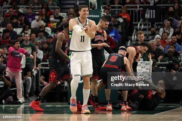 Brook Lopez of the Milwaukee Bucks reacts to an officials call during the second quarter of Game One of the Eastern Conference First Round Playoffs...