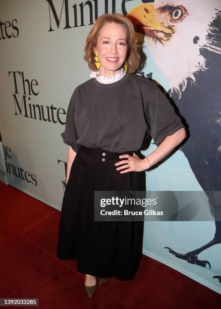 Carrie Coon poses at the opening night of the play "The Minutes" on Broadway at The Studio 54 Theater on April 17, 2022 in York City.