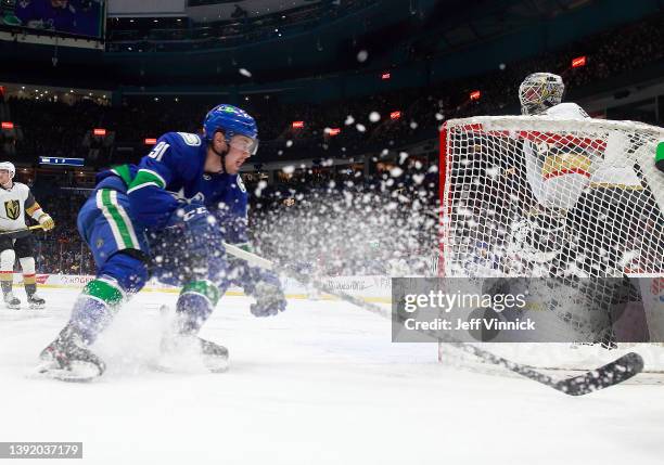 Juho Lammikko of the Vancouver Canucks skates up ice during their NHL game against the Vegas Golden Knights at Rogers Arena April 12, 2022 in...