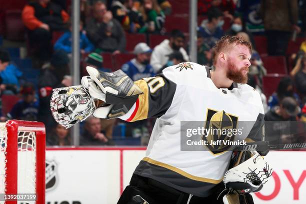 Robin Lehner of the Vegas Golden Knights looks on from his crease during their NHL game against the Vancouver Canucks at Rogers Arena April 12, 2022...