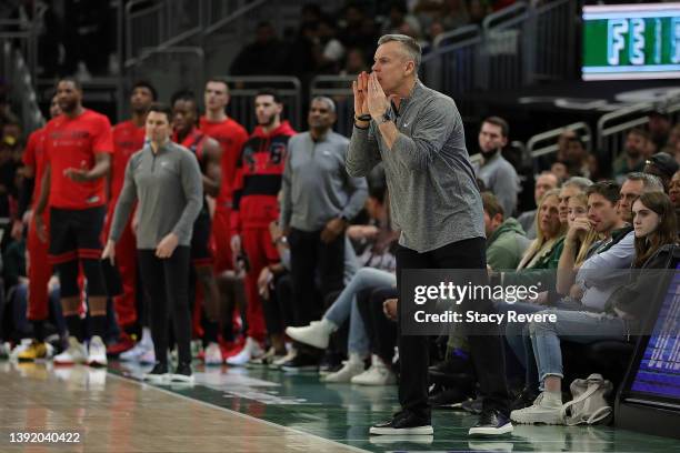 Head coach Billy Donovan of the Chicago Bulls watches action during Game One of the Eastern Conference First Round Playoffs against the Milwaukee...